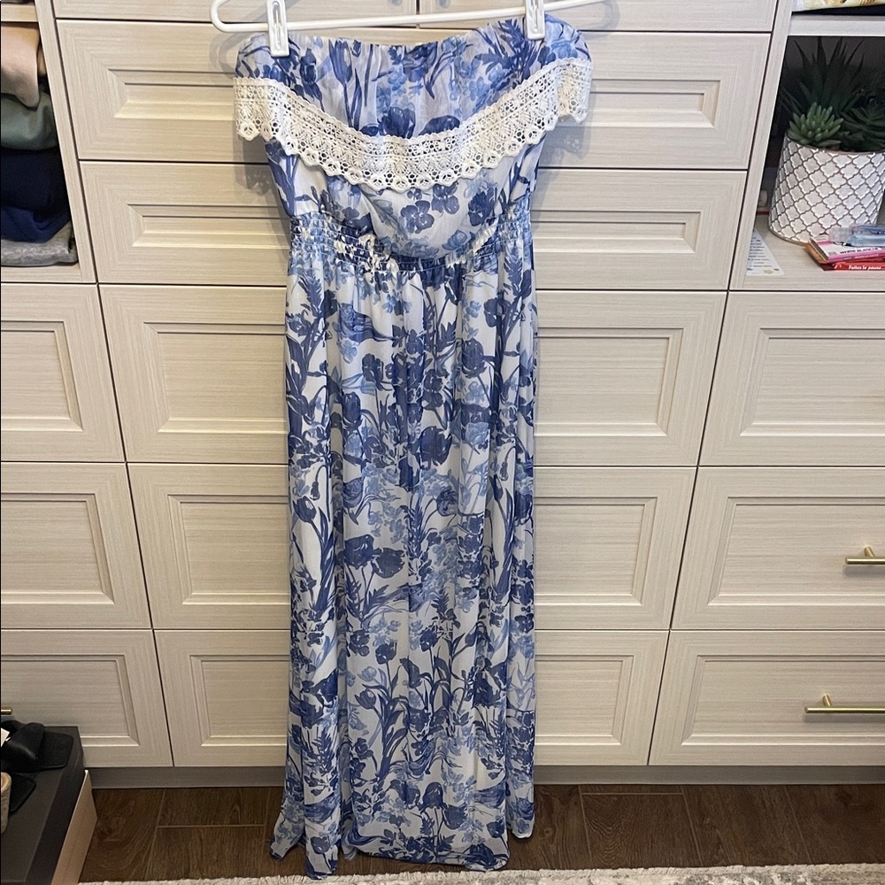 Dynamite Blue and White Strapless Floral Maxi Dress